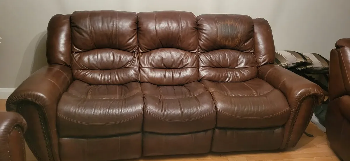 Leather Three Seater Sofa with Arm Chair Rocker Re - Image 1
