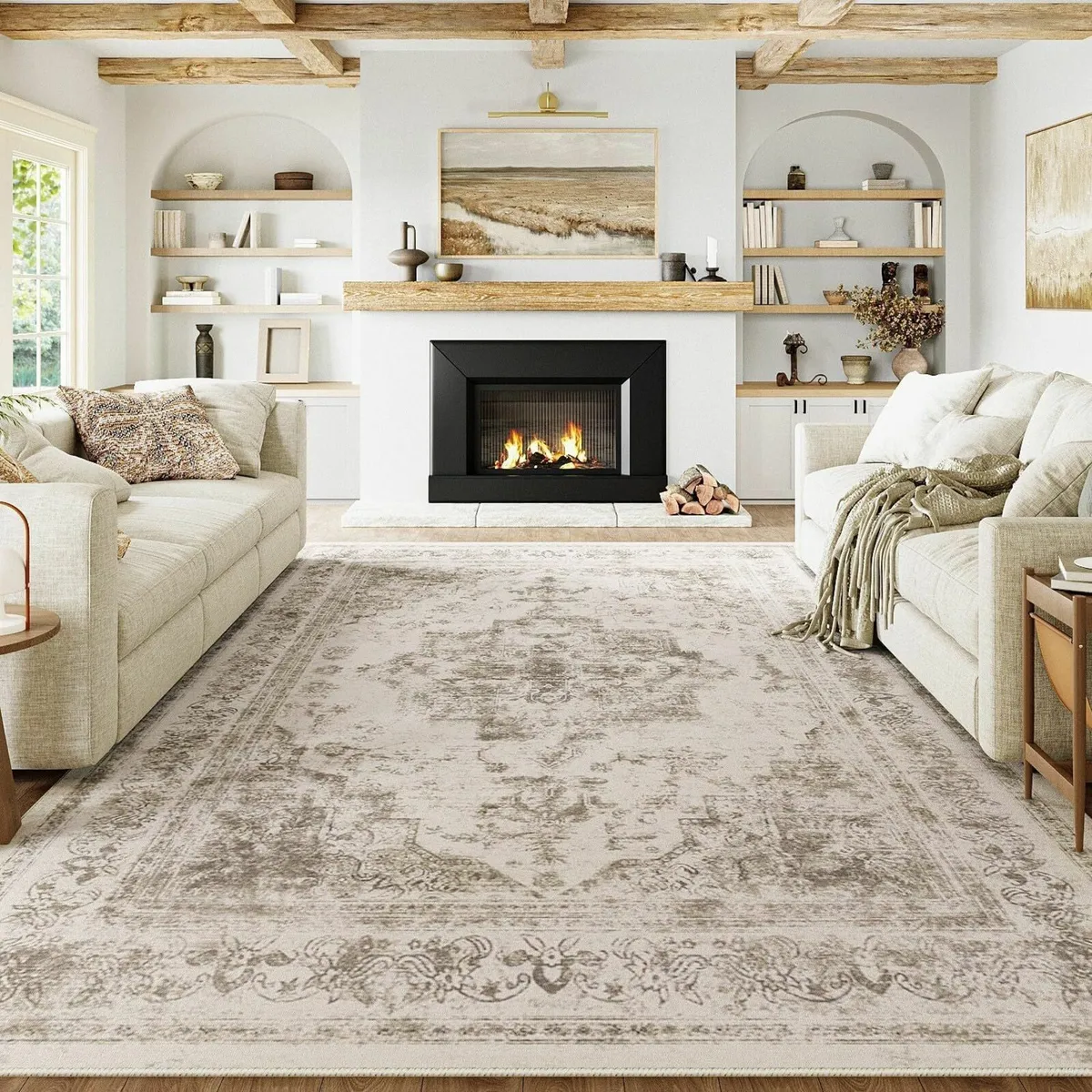 Vintage Beige Rugs Living Room Washable Non Slip - Image 1