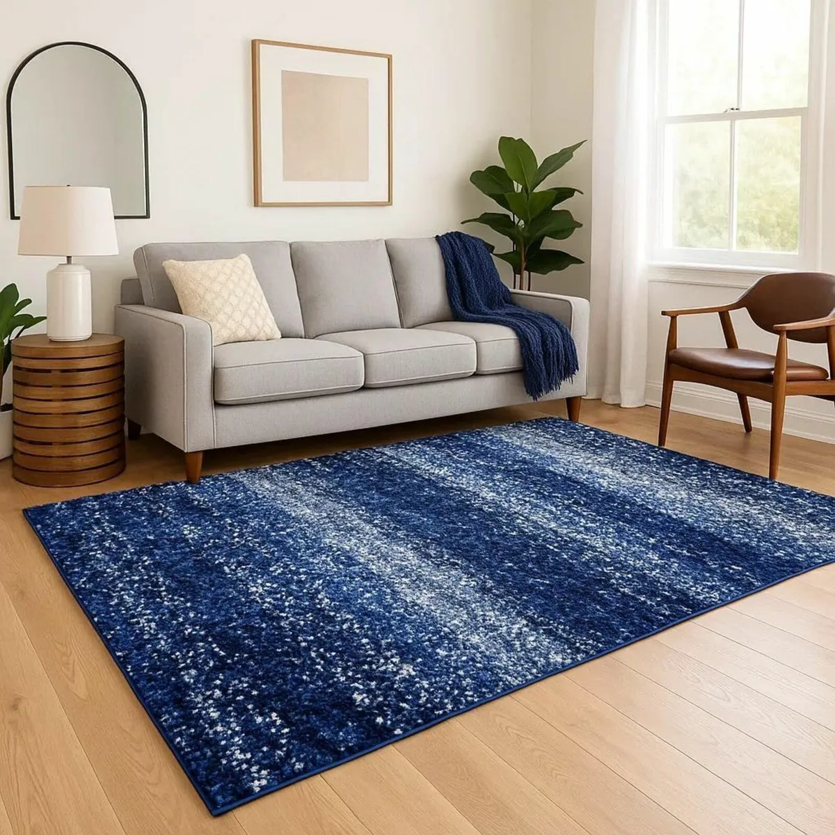 Dark Blue Navy Stripe Pattern Shaggy Rug Soft - Image 1