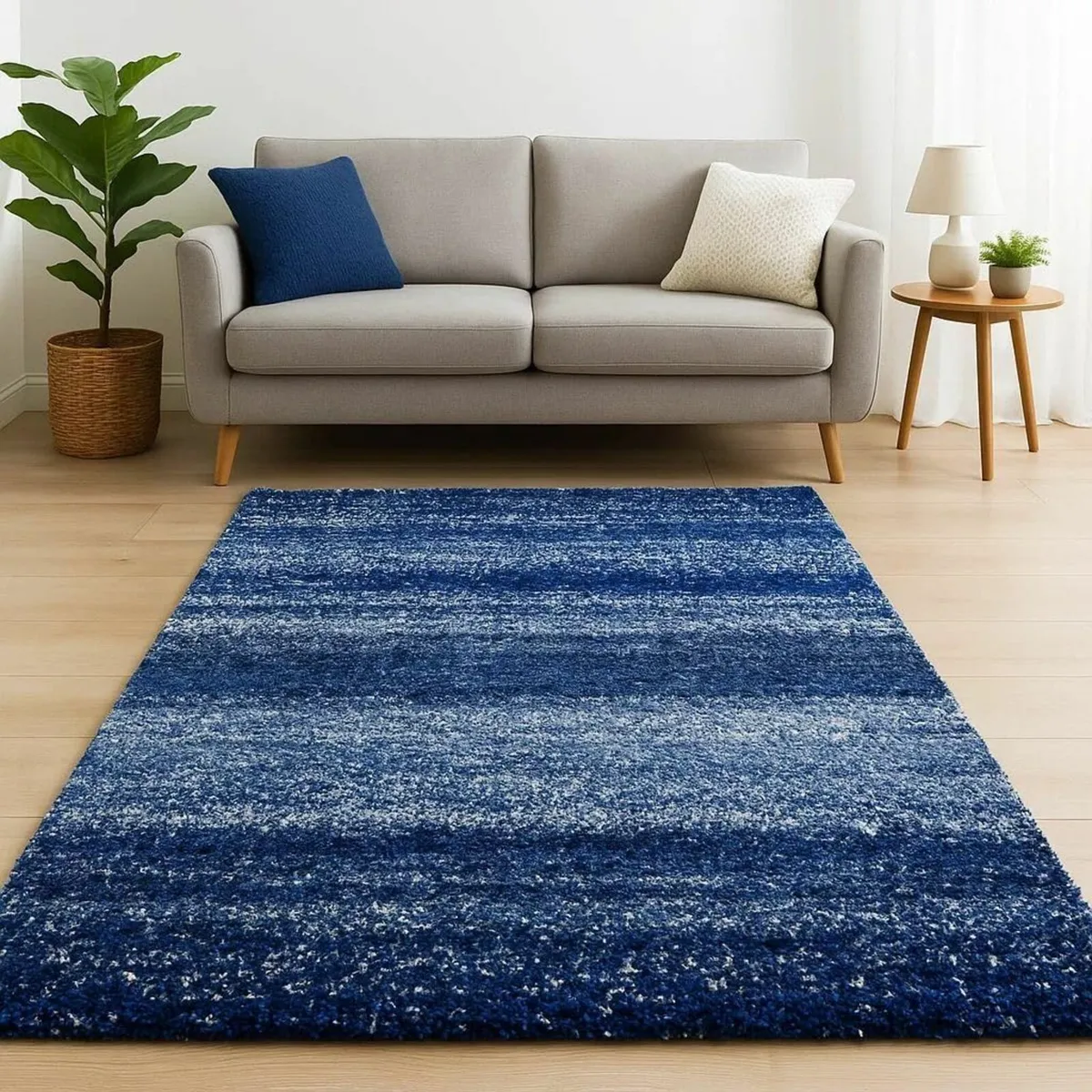 Dark Blue Navy Stripe Pattern Shaggy Rug Soft - Image 2