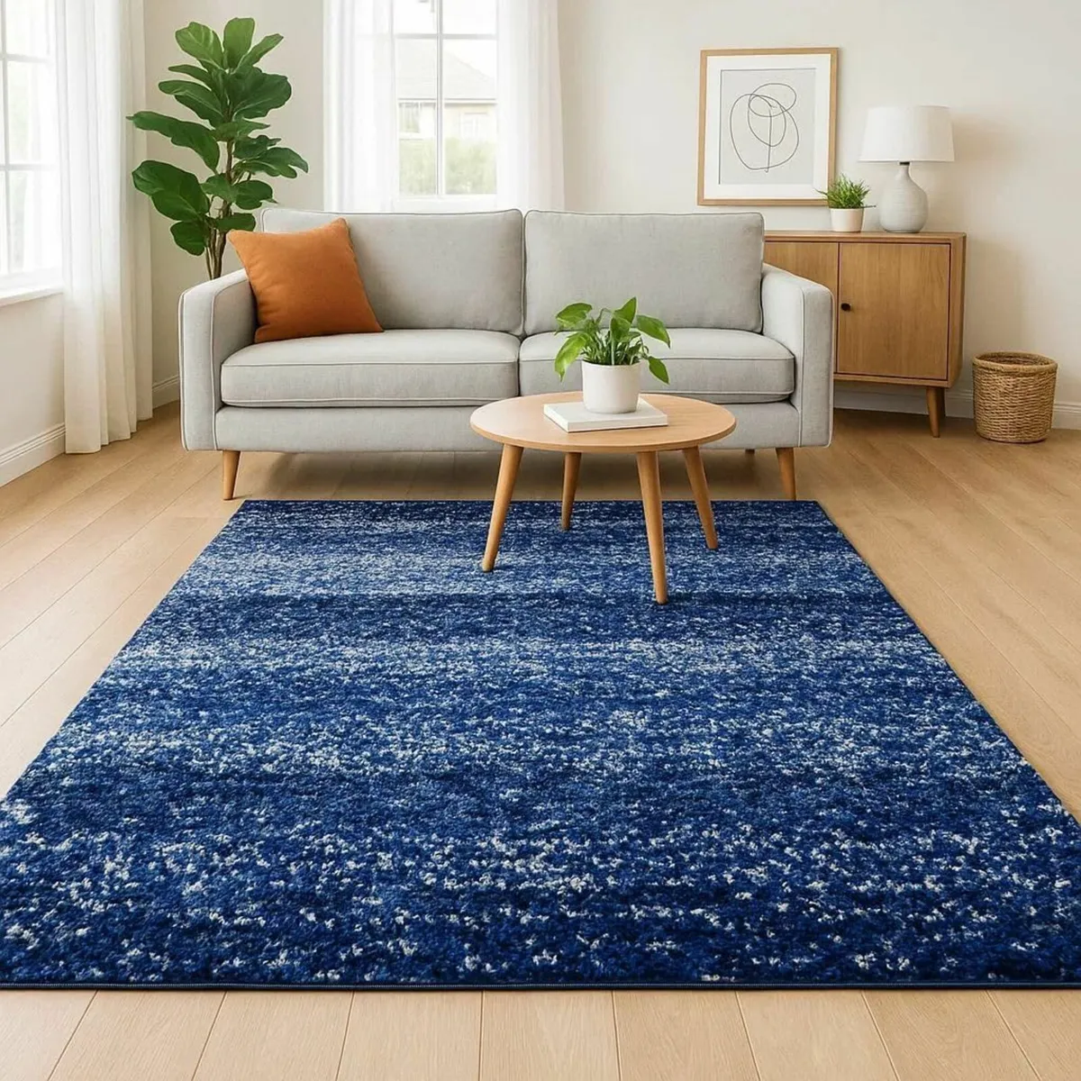 Dark Blue Navy Stripe Pattern Shaggy Rug Soft - Image 3