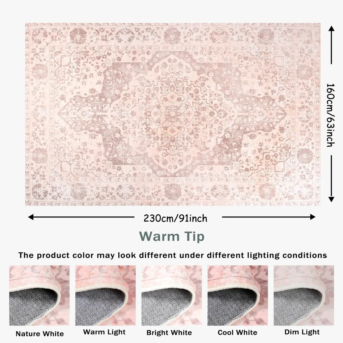 Vintage Area Rug for Living Room 160x230cm Pink - Image 2