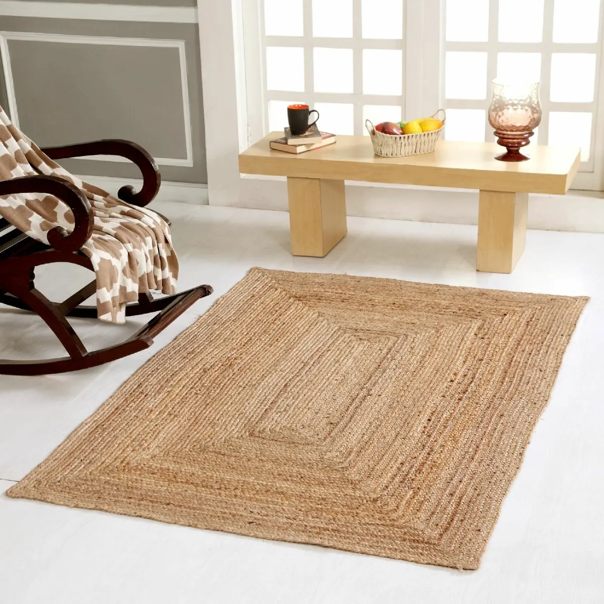 DHAKA Jute Area Rug 100% Natural Fiber Hand Woven - Image 1