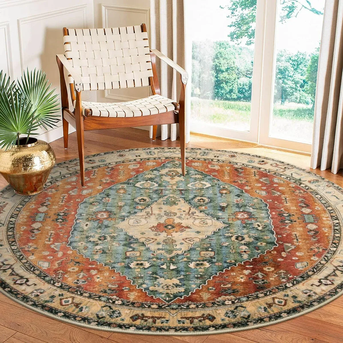 Boho Tribal Round Rug 6ft - Large Washable Dining - Image 1