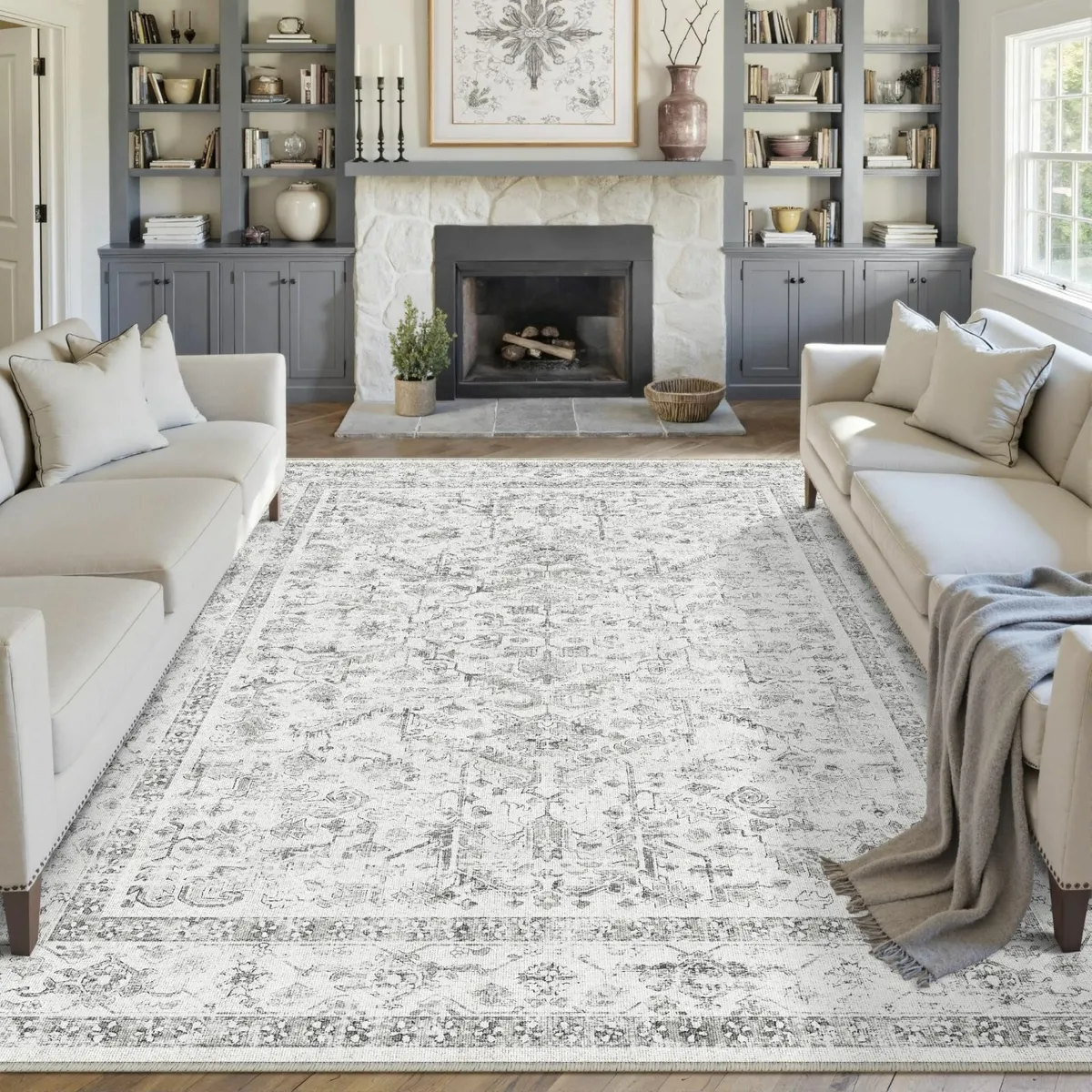 Vintage Washable Grey Rugs Living Room Area Rug - Image 1