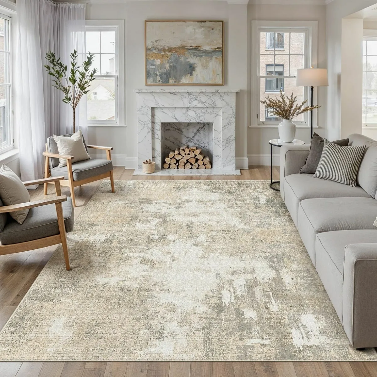 Beige Abstract Area Rug Living Room Extra Large - Image 1