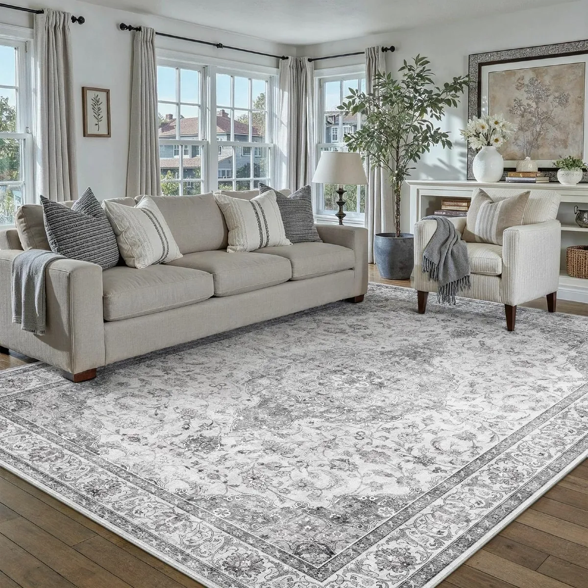 160x230 cm Washable Rugs Living Room Gray Vintage - Image 1