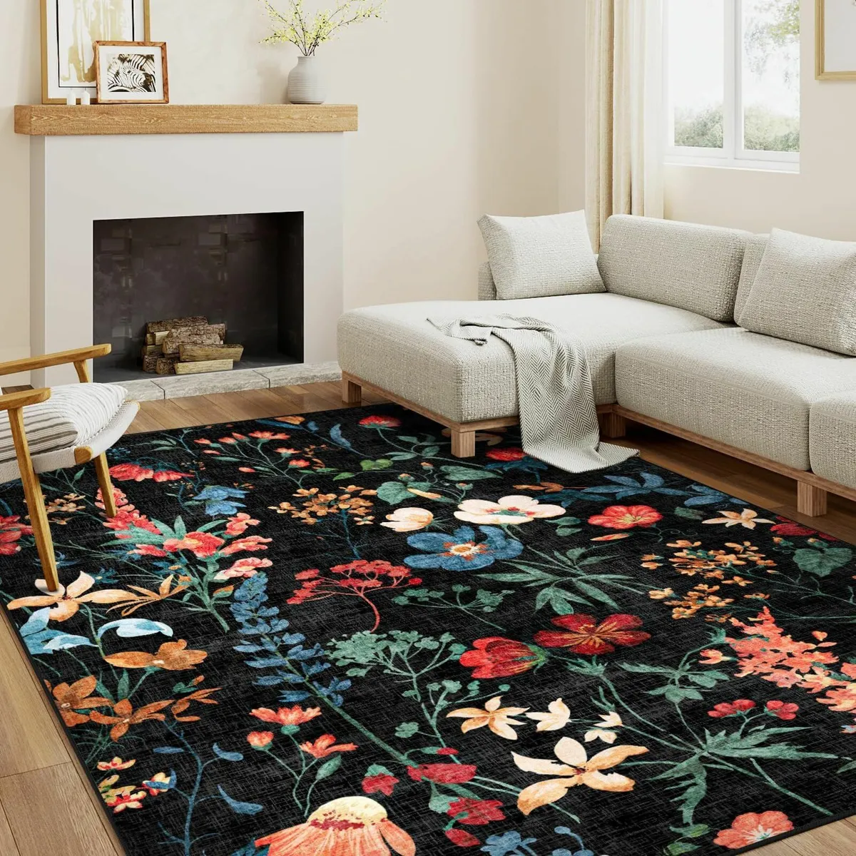 Rugs Living Room Black Washable Flower Area Rug - Image 1