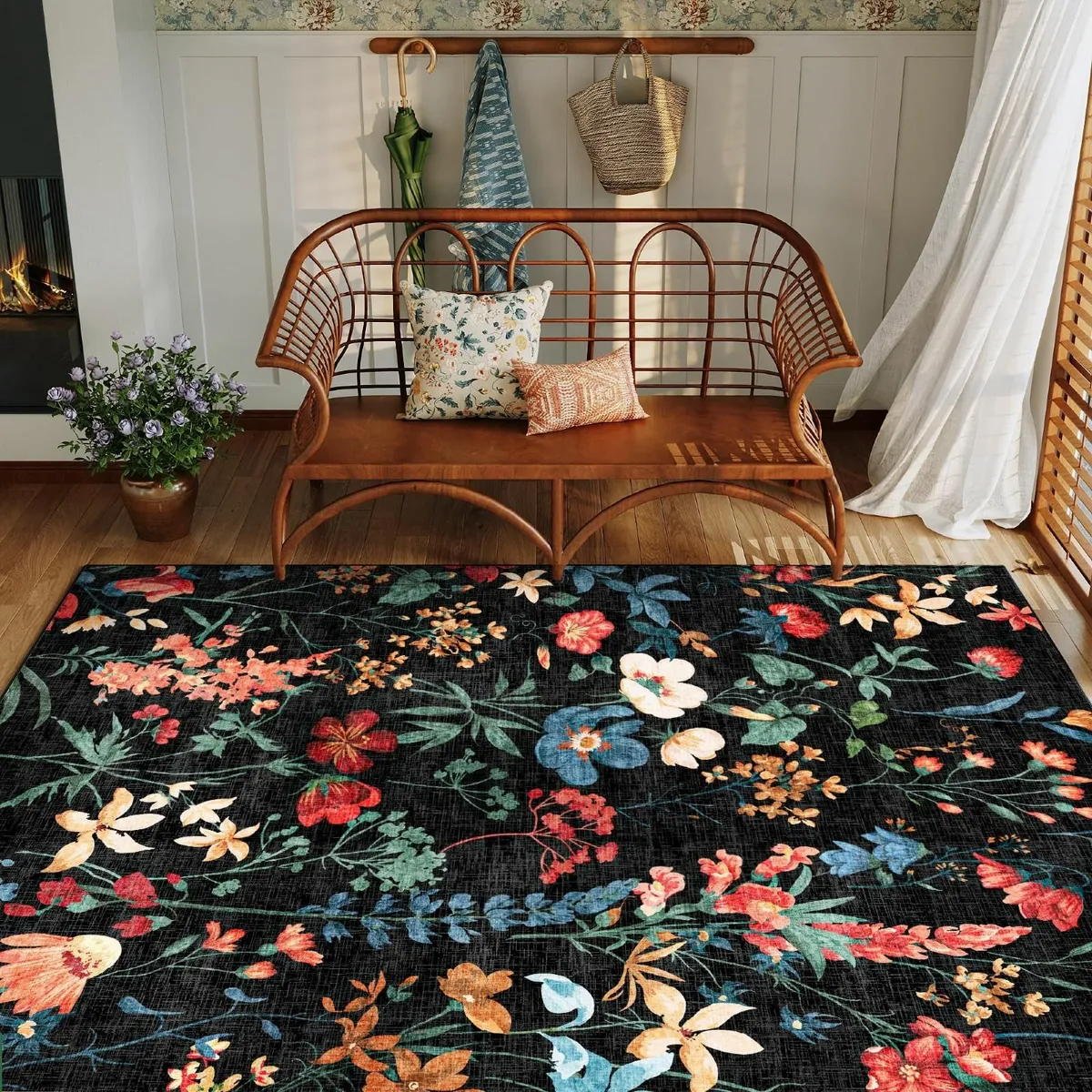 Rugs Living Room Black Washable Flower Area Rug - Image 3