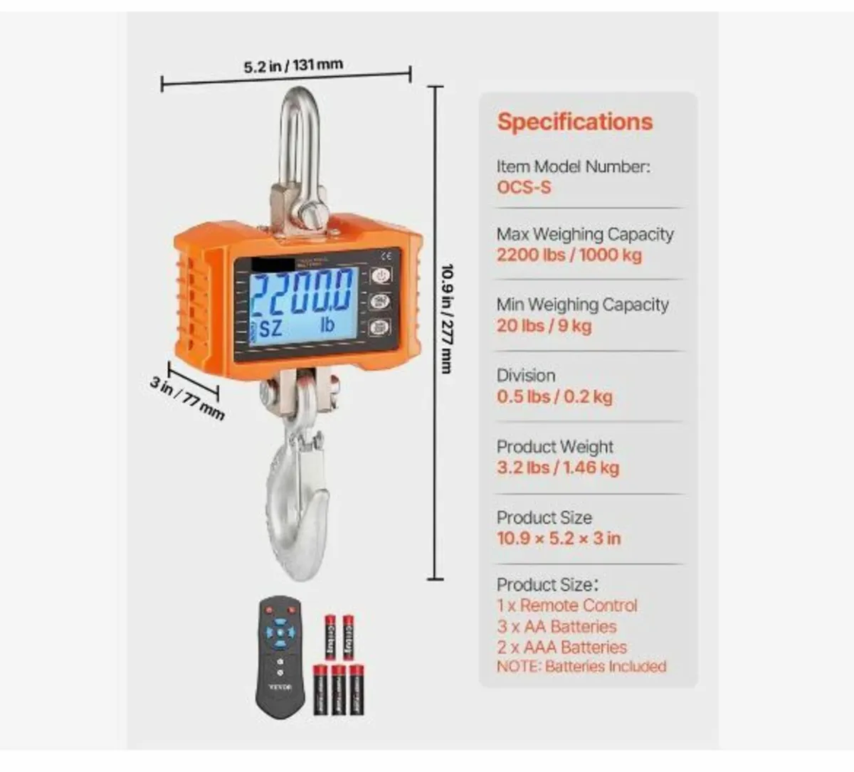 Digital Crane Scale, 2200 lbs/1000 kg - Image 2