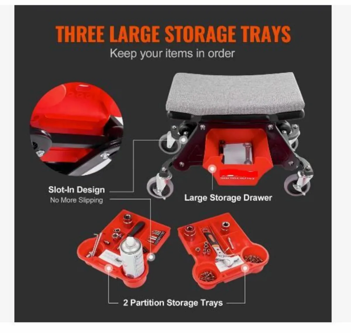 Mechanics Stool, 136.1kg Capacity Rolling Mechanic - Image 2