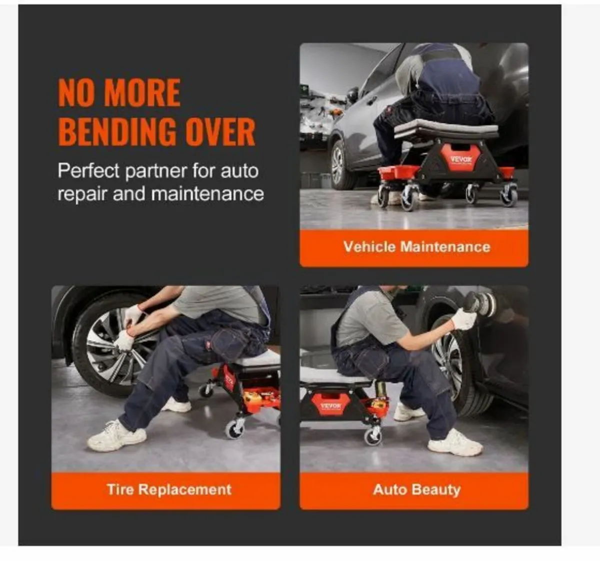 Mechanics Stool, 136.1kg Capacity Rolling Mechanic - Image 4