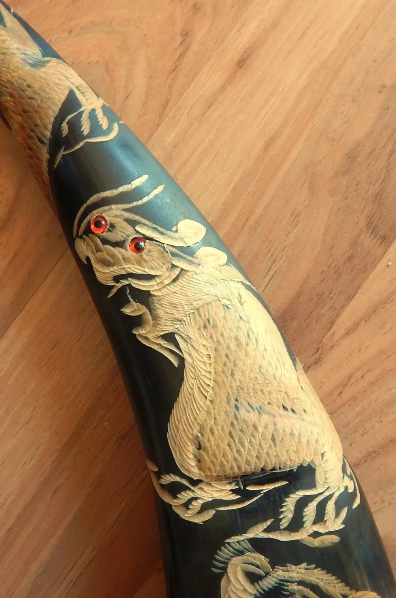 Pair of Horns on Wood Base with Chinese Decoration - Image 4