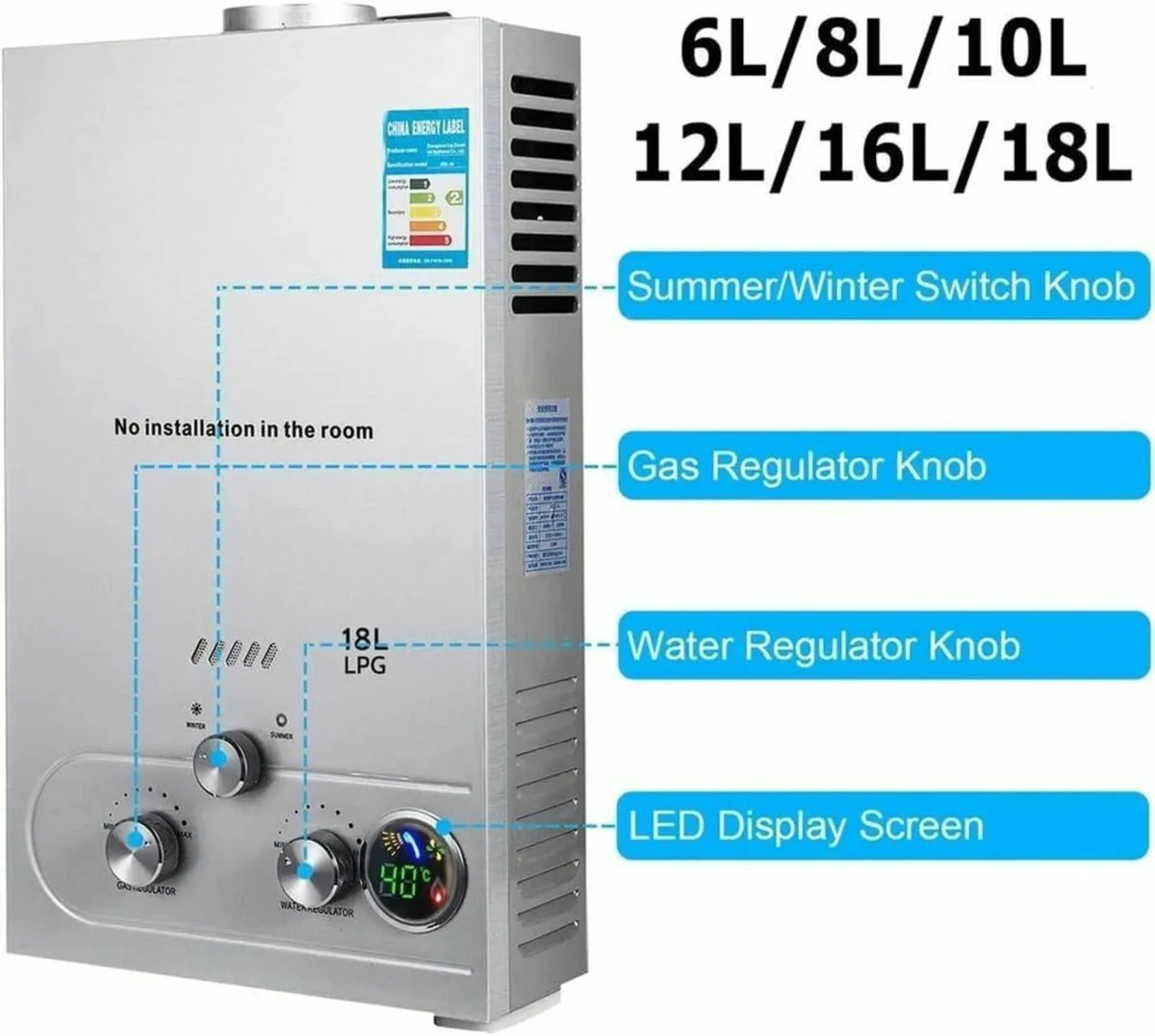 18L Tankless Propane Gas Water Heater Stainless - Image 4