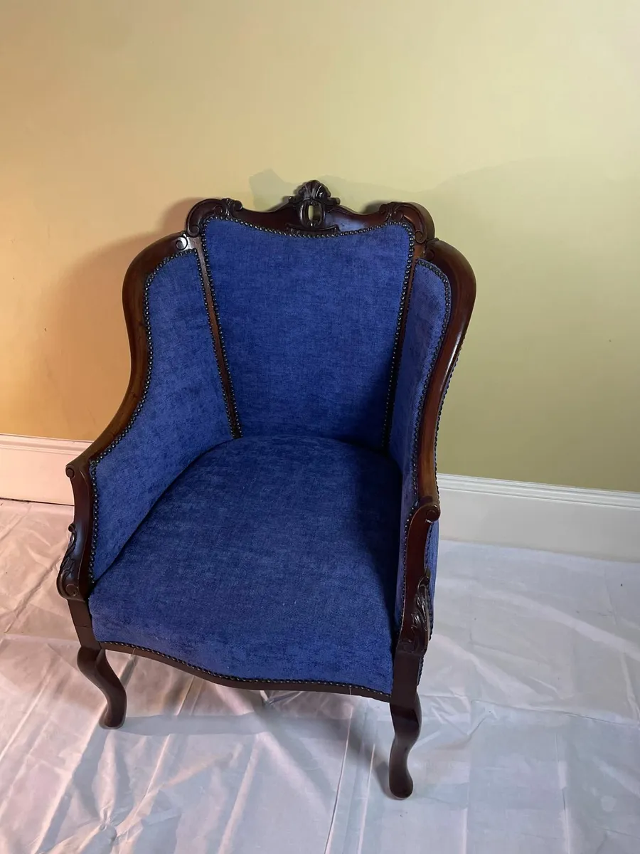 Vintage-Style Carved Armchair in Blue Fabric - Image 1