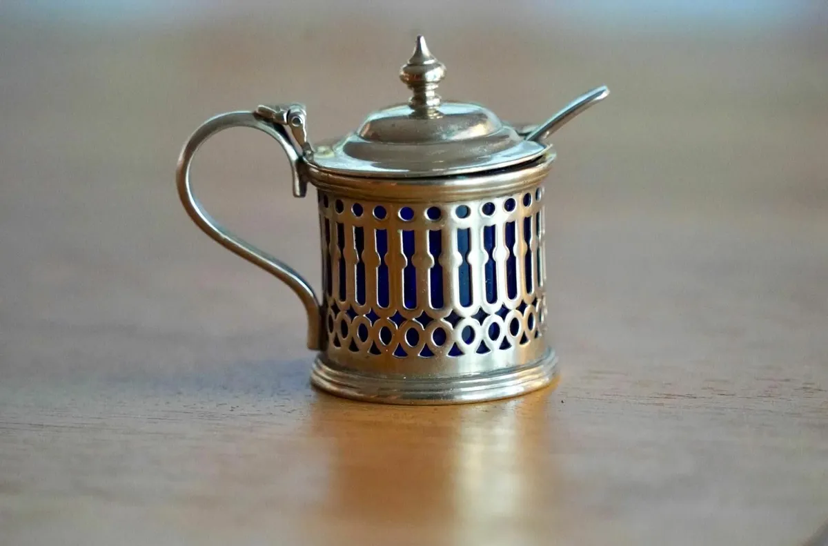 Vintage silver plate mustard pot blue glass liner