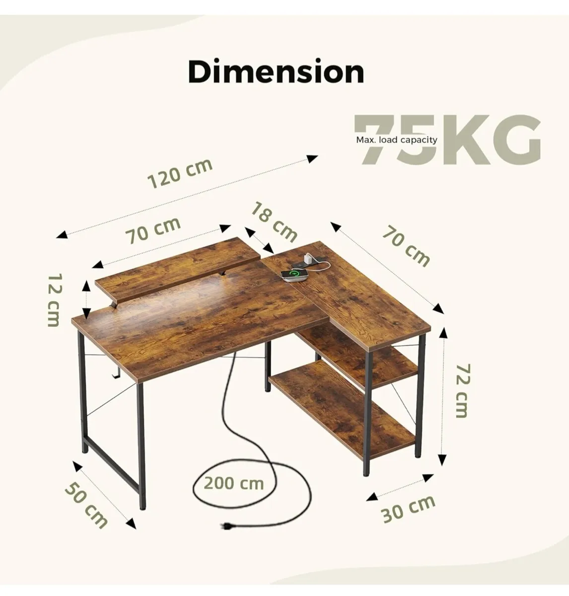 L-Shaped Desk with LED, 120x70cm - Image 2