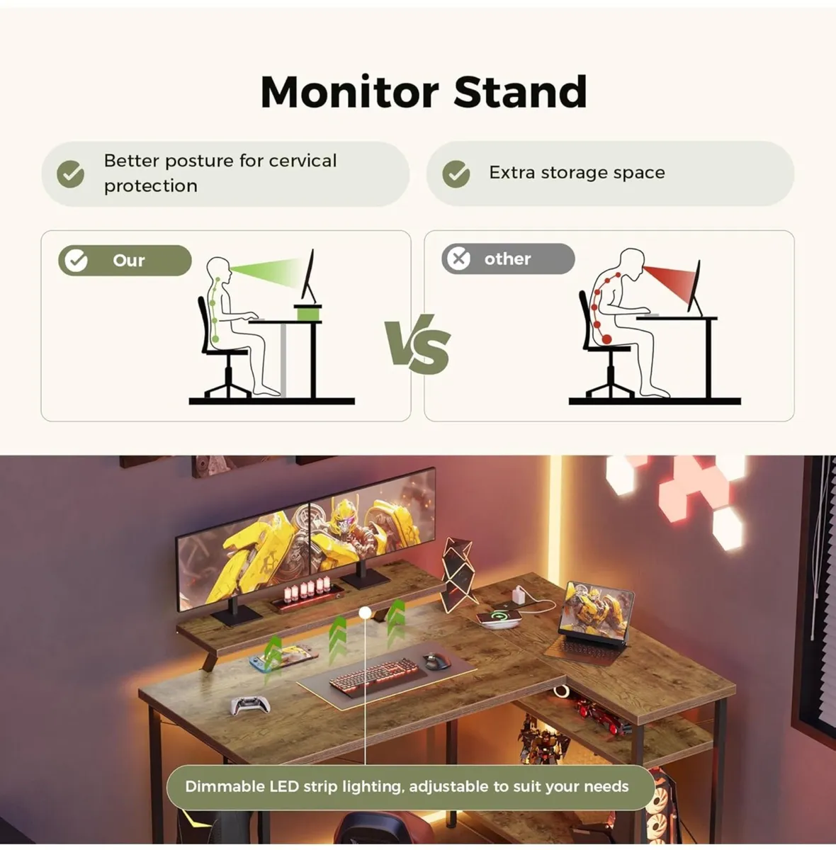 L-Shaped Desk with LED, 120x70cm - Image 1