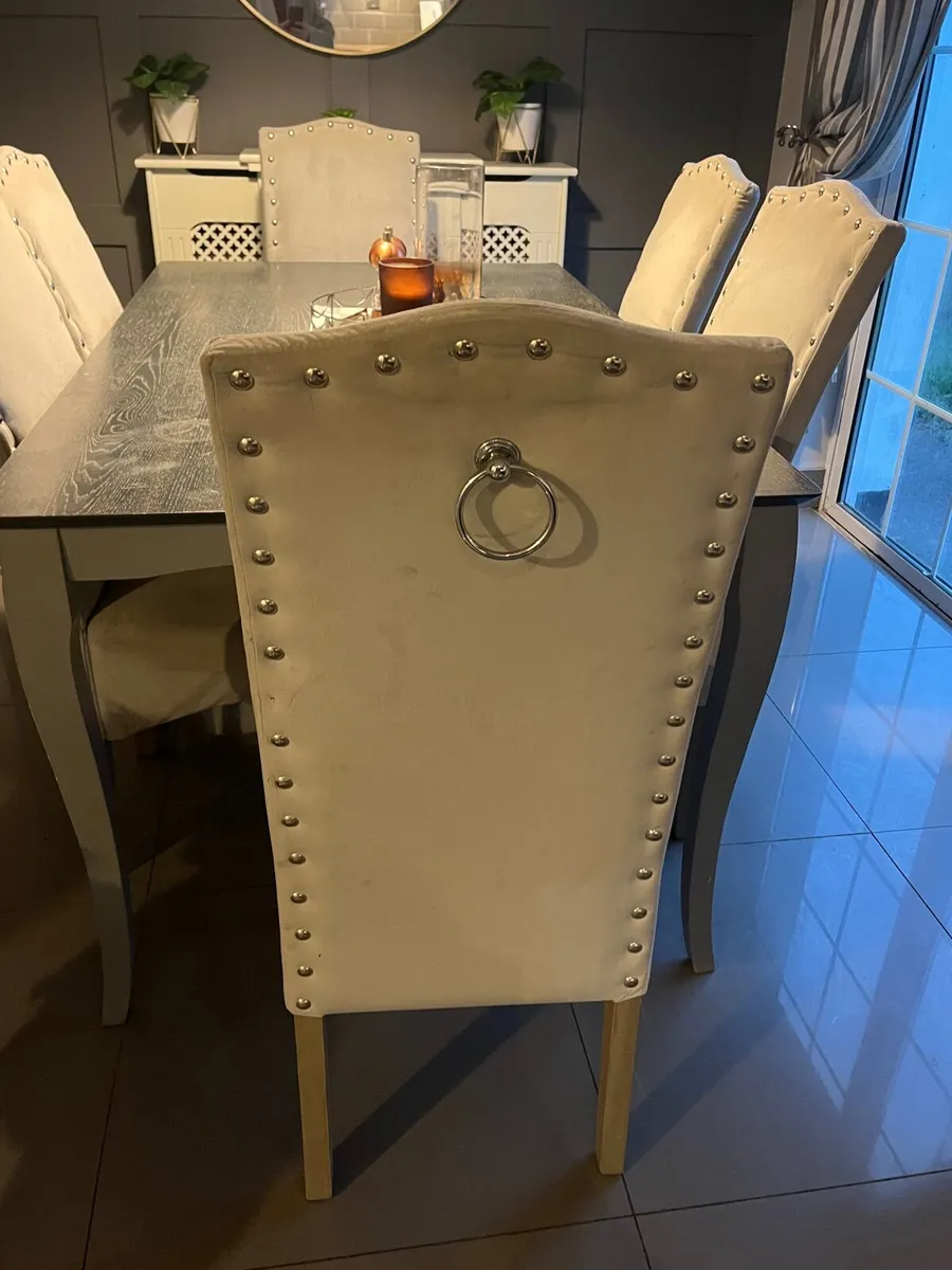 Grey / Black Kitchen table 6 grey velvet chairs - Image 1