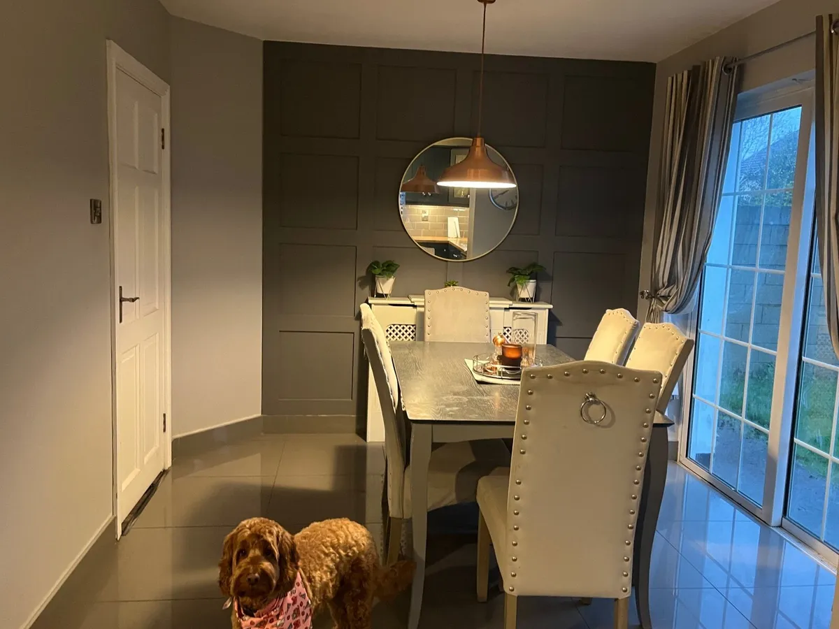 Grey / Black Kitchen table 6 grey velvet chairs - Image 2