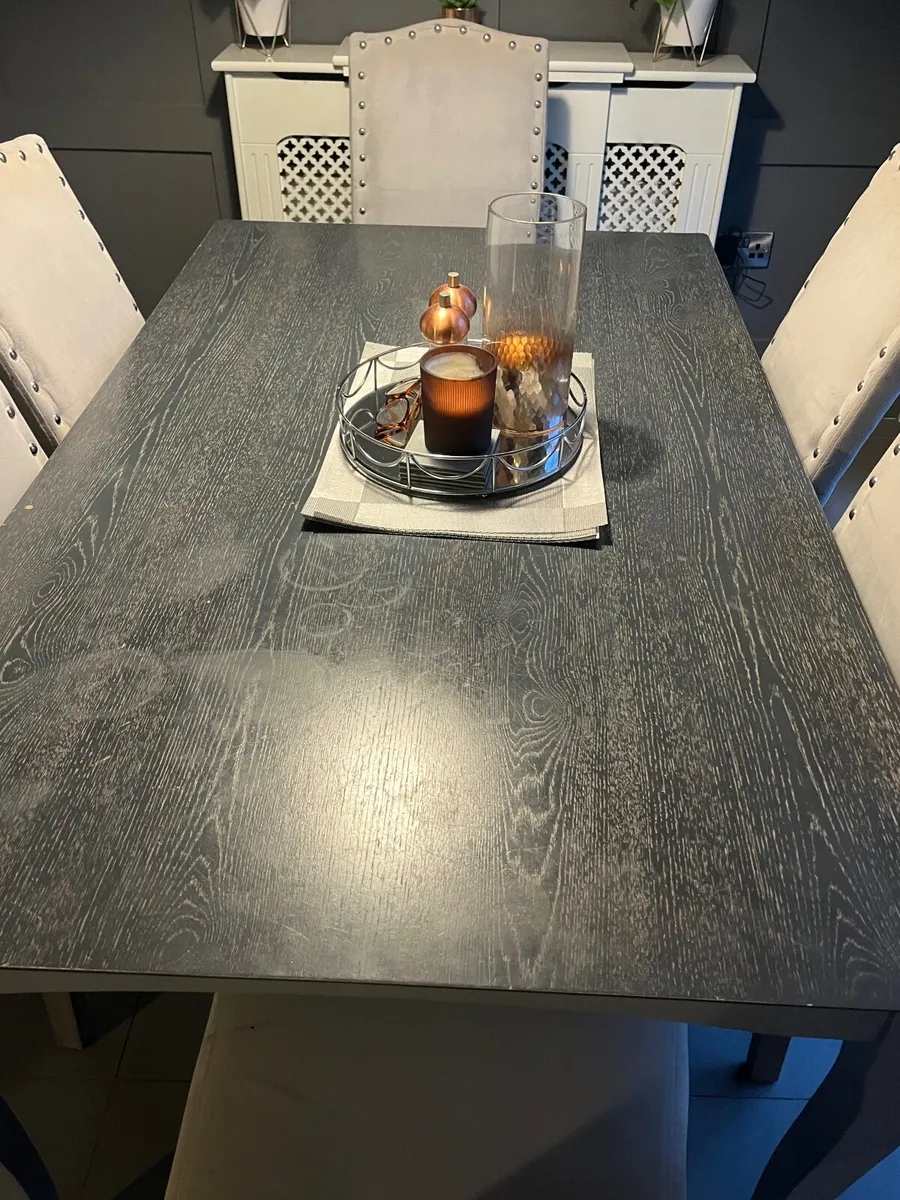 Grey / Black Kitchen table 6 grey velvet chairs - Image 3