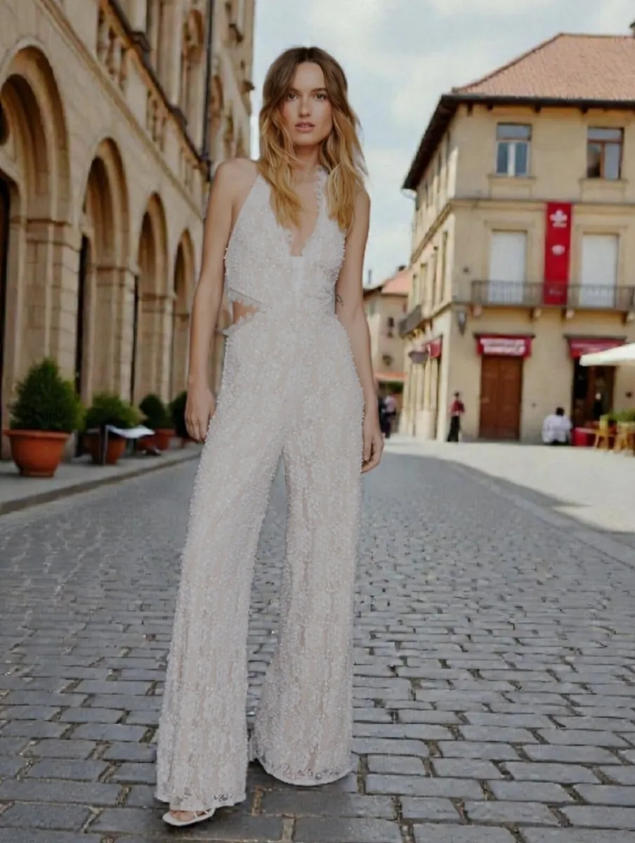 Bridal Lace Beaded Cut Out Jumpsuit / Wedding - Image 1