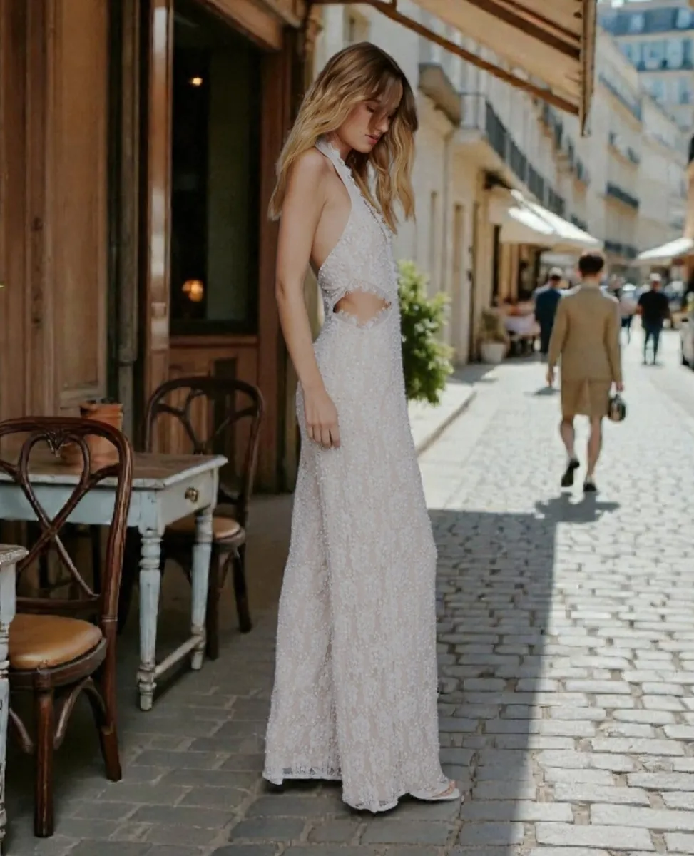 Bridal Lace Beaded Cut Out Jumpsuit / Wedding - Image 3