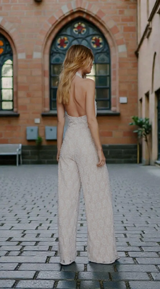 Bridal Lace Beaded Cut Out Jumpsuit / Wedding - Image 4