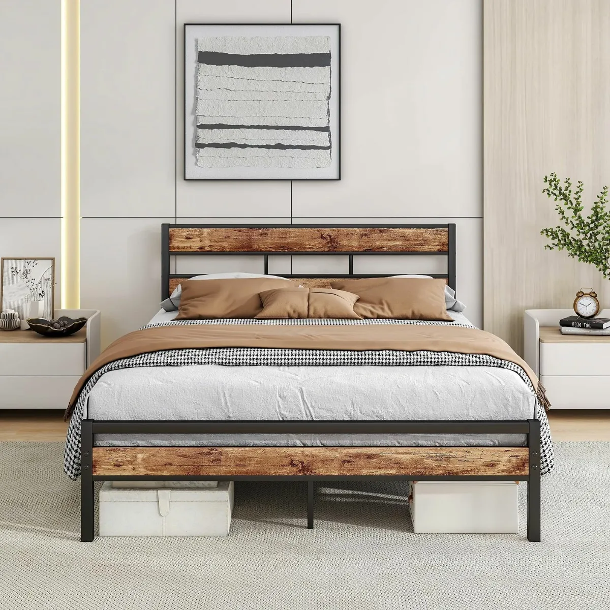 Double Bed Frame with Wooden Headboard Heavy Duty - Image 1