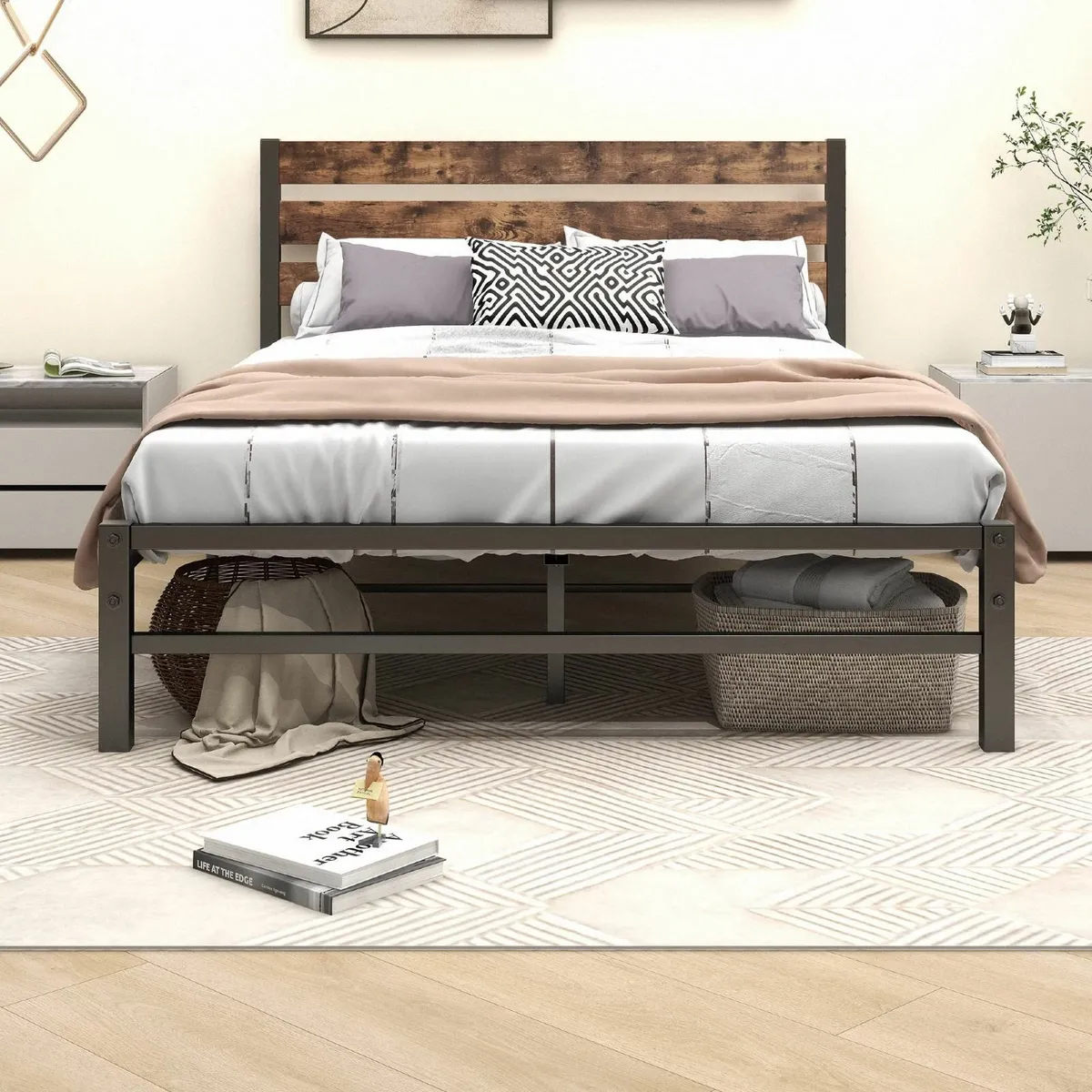 Double Bed Frame with Rustic Wood Headboard and - Image 1