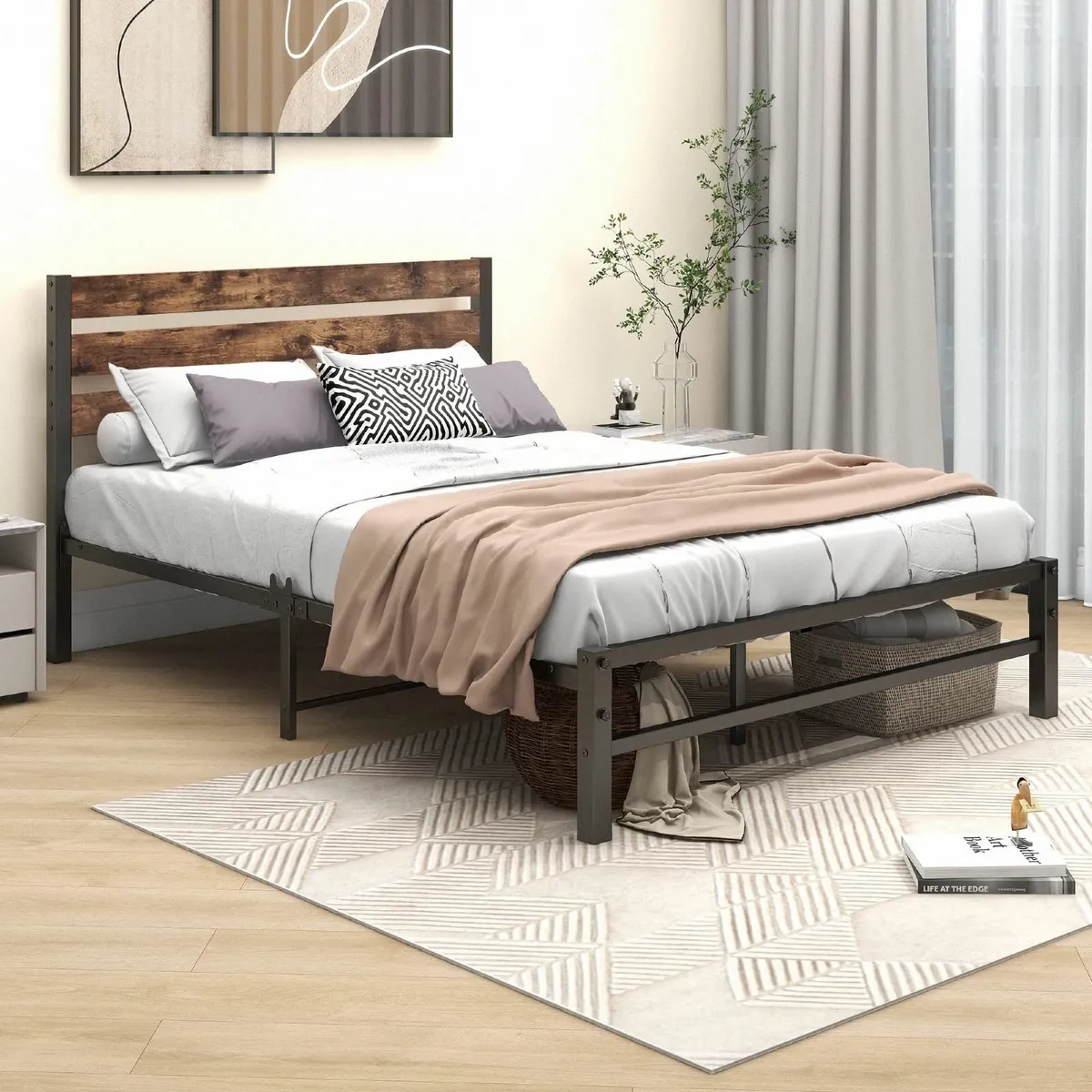 Double Bed Frame with Rustic Wood Headboard and - Image 3