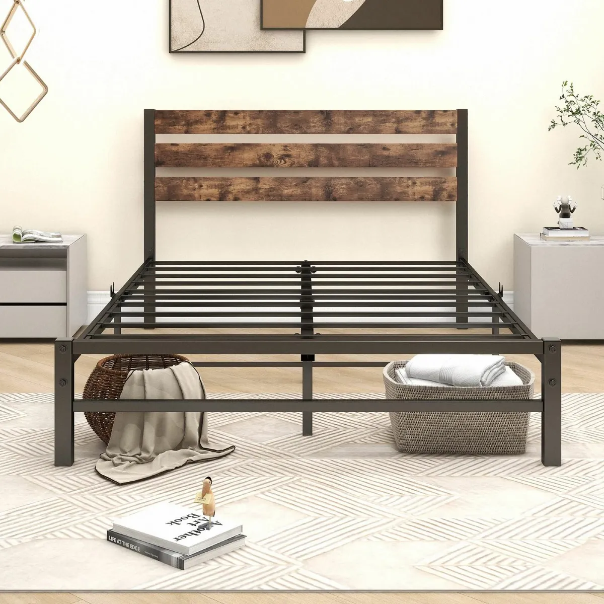 Double Bed Frame with Rustic Wood Headboard and - Image 4