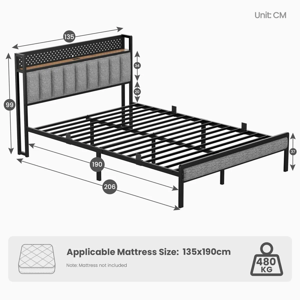 Bed Frame 135x190 cm with LED Lights and Charging - Image 2