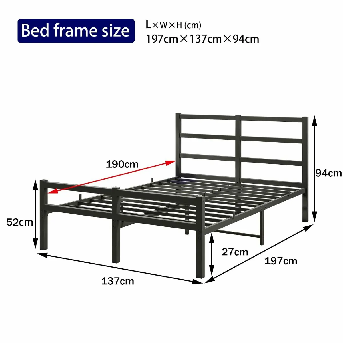 Double Bed Frame with Headboard 135x190cm Size - Image 2