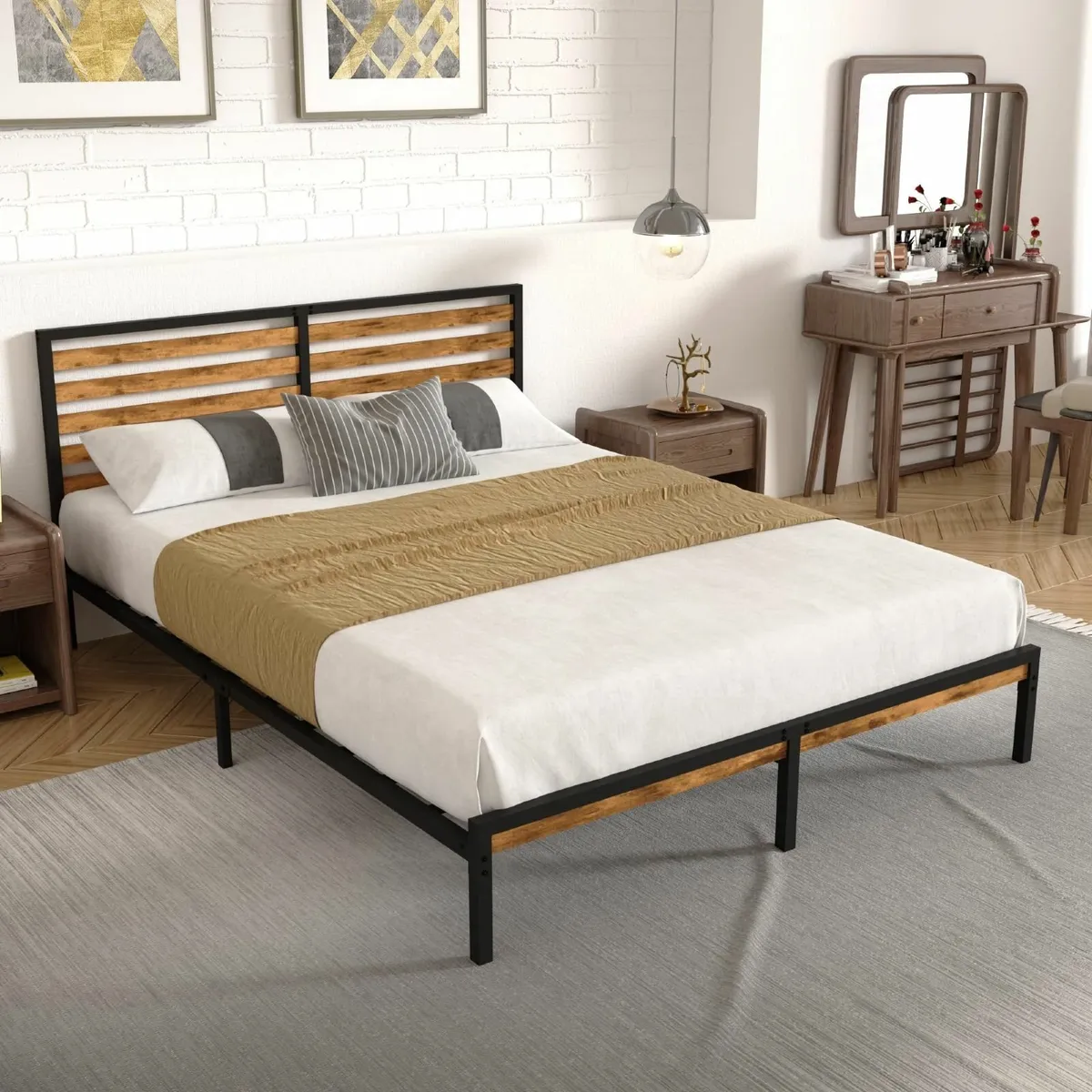 Double Bed Frame Vintage Wooden Headboard Metal - Image 3