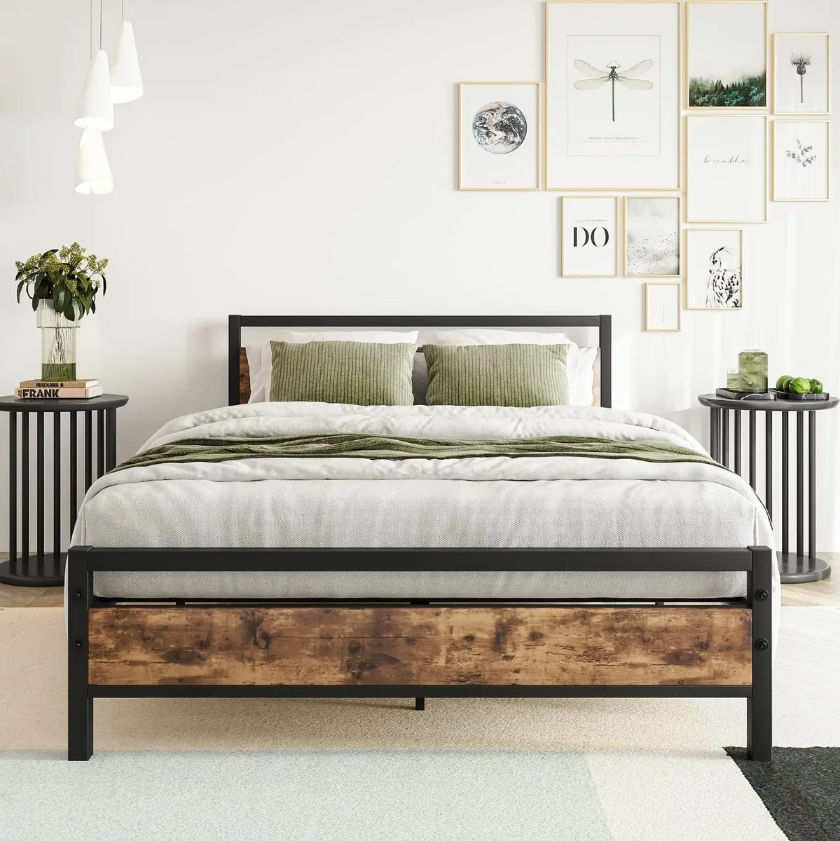 Double Bed Frames with Wood Headboard Heavy Duty - Image 1