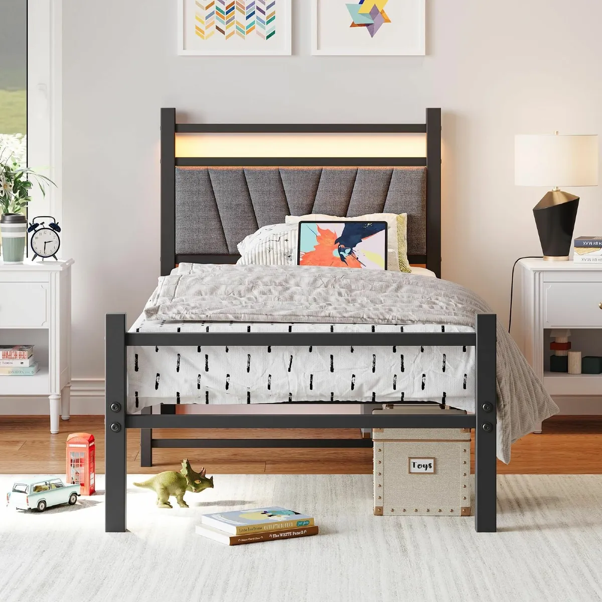 3FT Single Bed Frame Metal Platform Upholstered - Image 1