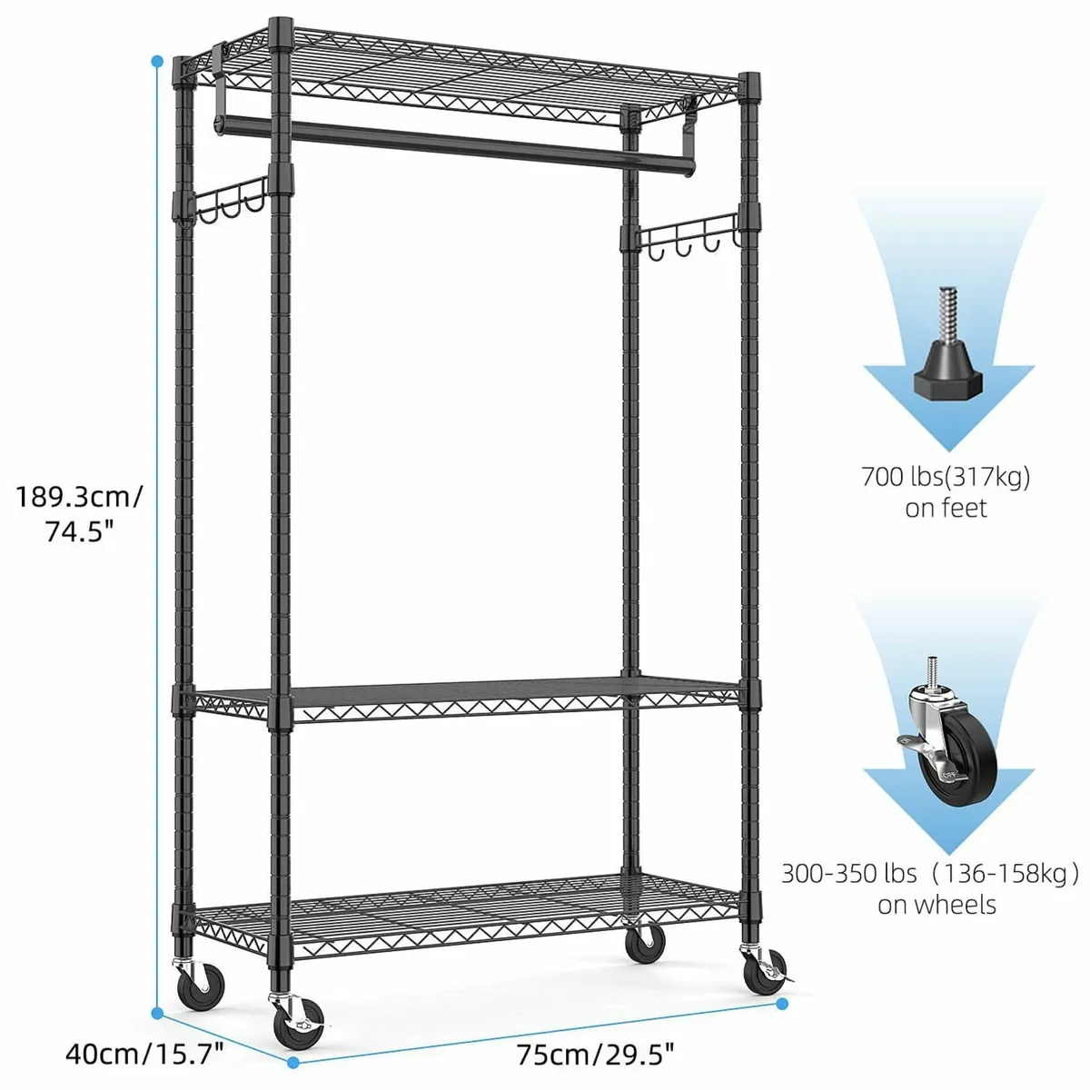 Heavy Duty Rolling Garment Rack 3 Tiers Adjustable - Image 3