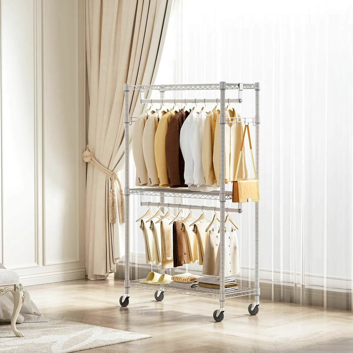 Heavy Duty Rolling Garment Rack 3 Tiers Adjustable - Image 4