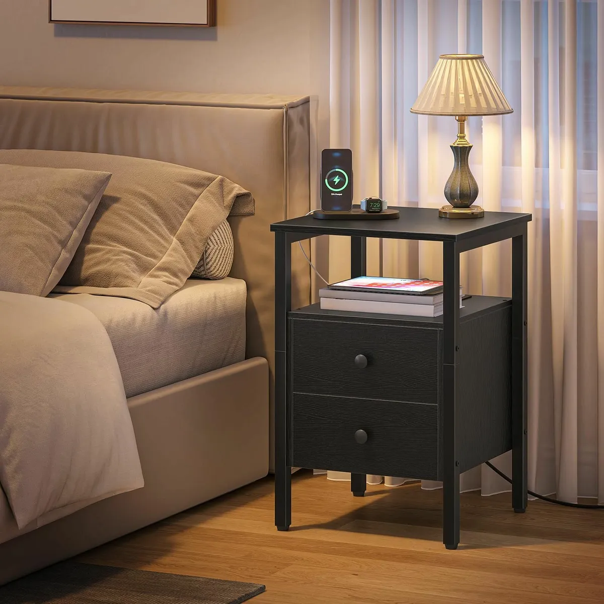 Bedside Table with Charging Station Black - Image 1