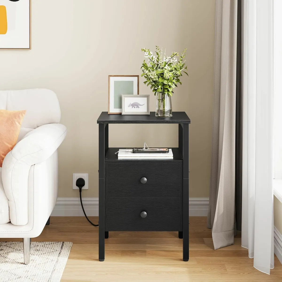 Bedside Table with Charging Station Black - Image 3