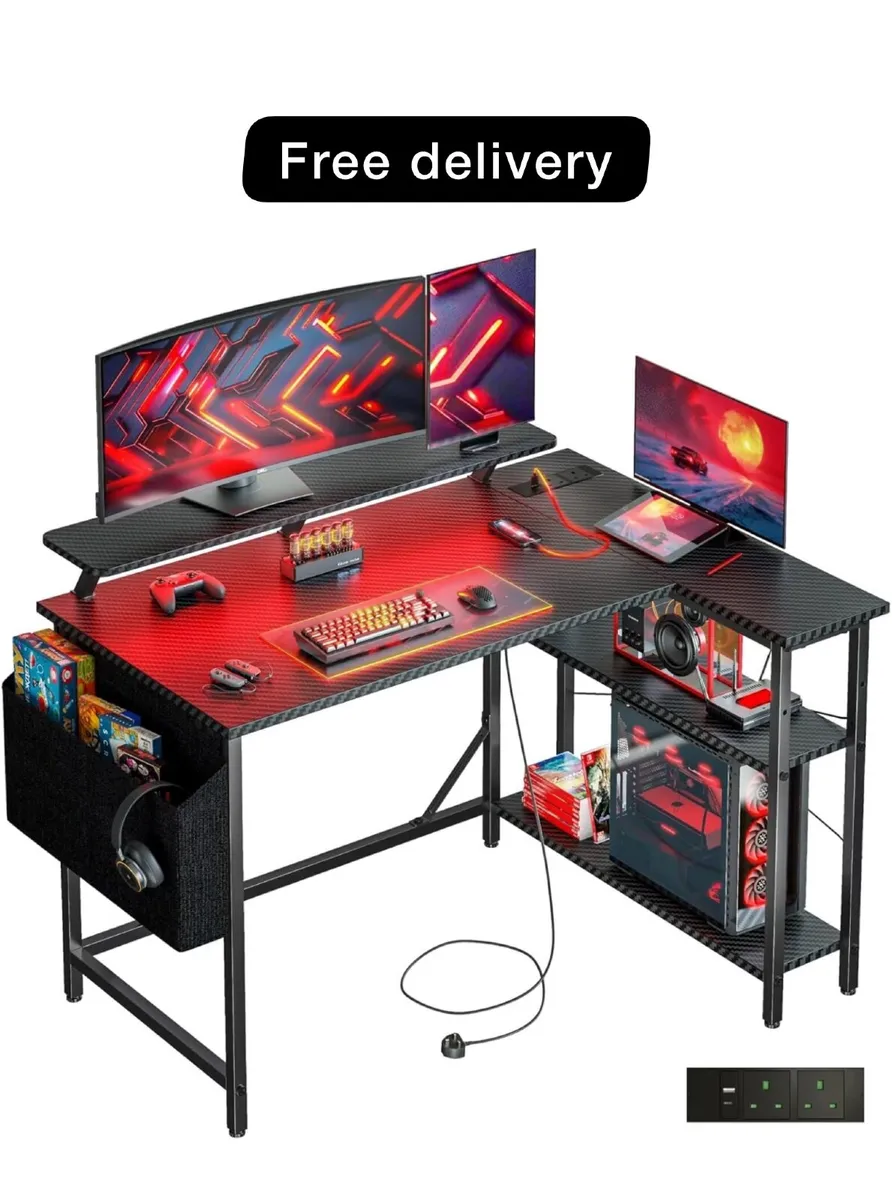 L Shaped Gaming Desk with LED Lights & Power Outle - Image 1