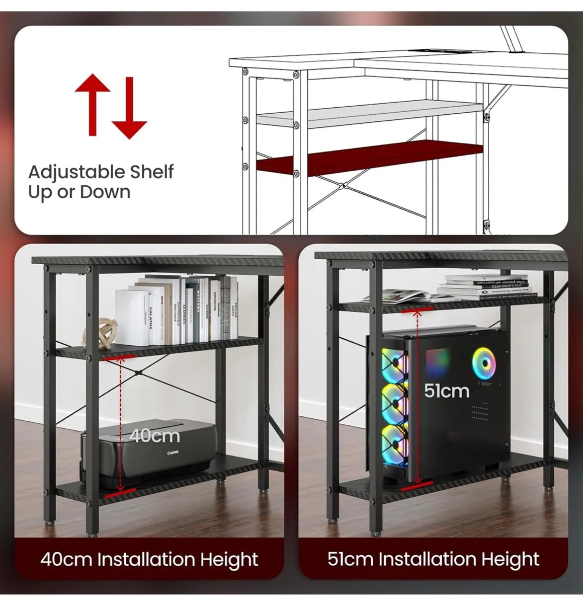 L Shaped Gaming Desk with LED Lights & Power Outle - Image 2