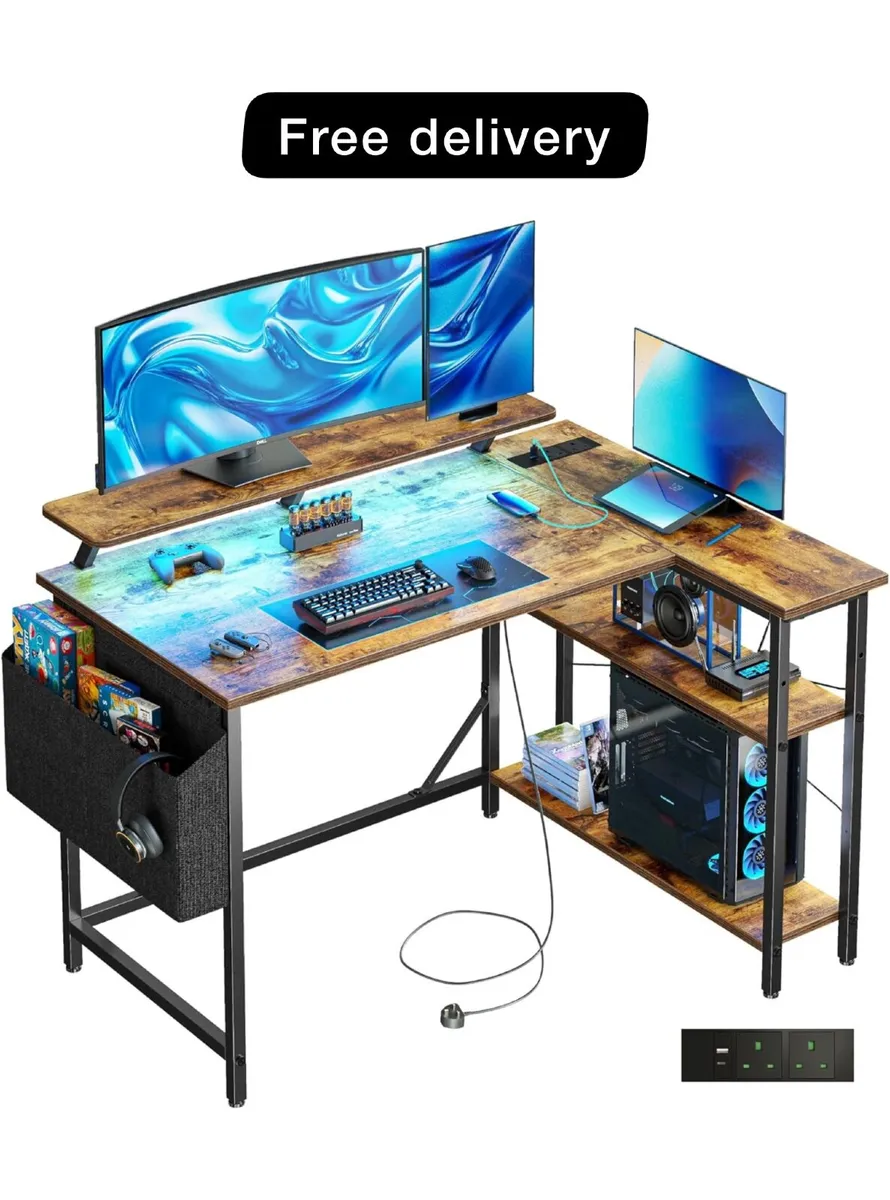 L Shaped Gaming Desk with LED Lights & Power Outle - Image 1