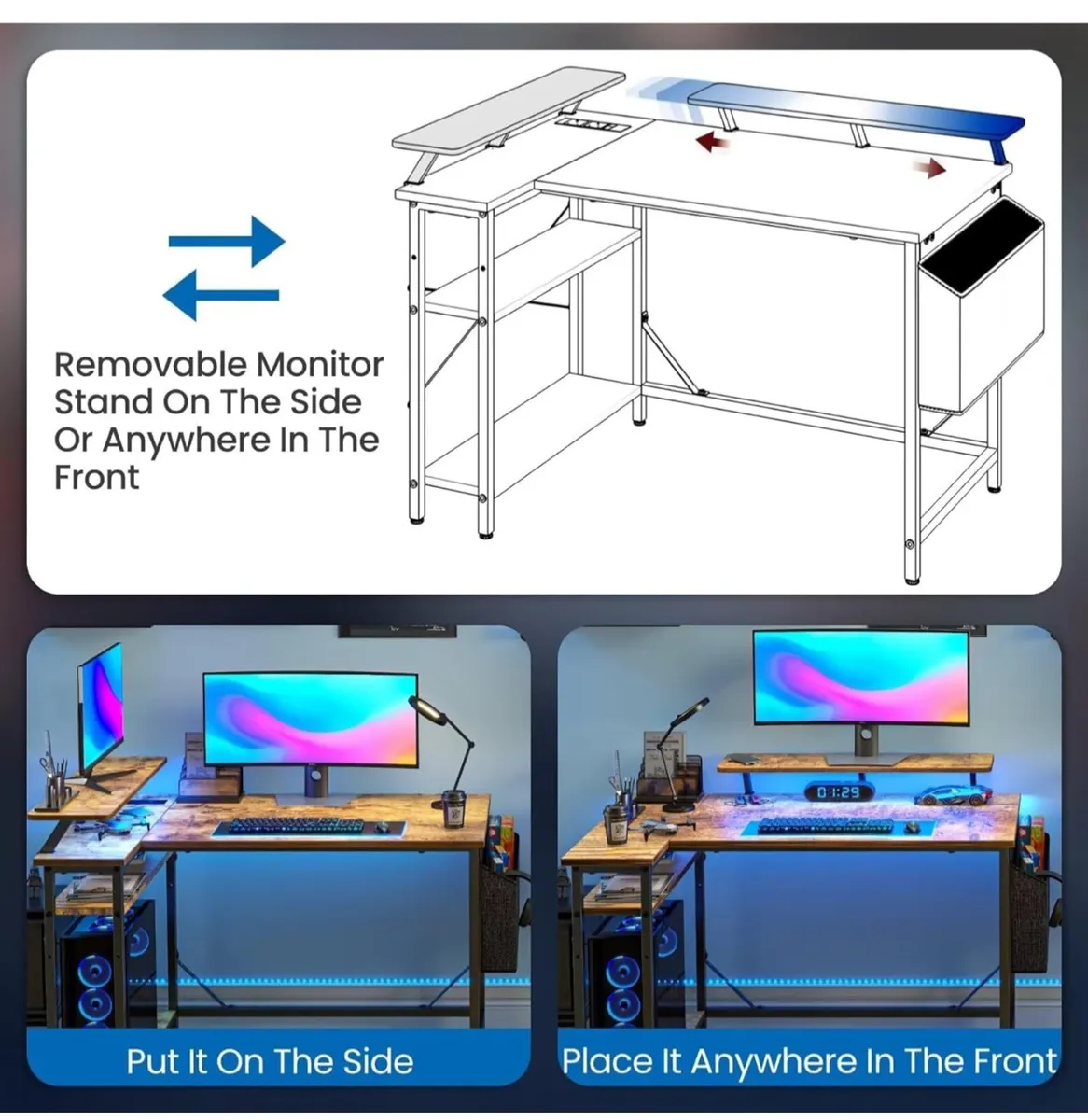 L Shaped Gaming Desk with LED Lights & Power Outle - Image 2
