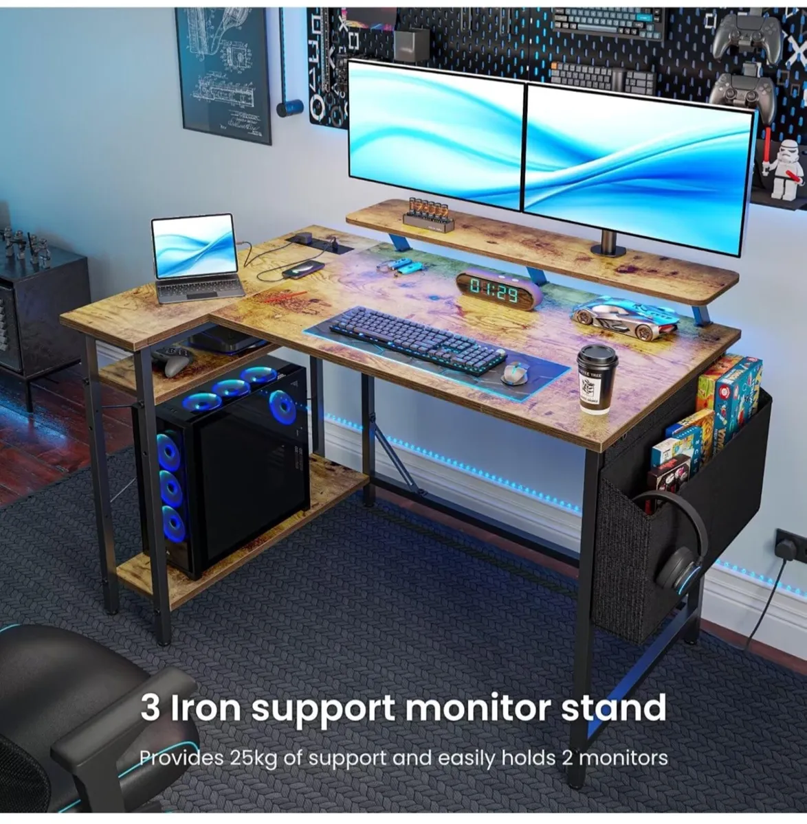 L Shaped Gaming Desk with LED Lights & Power Outle - Image 1