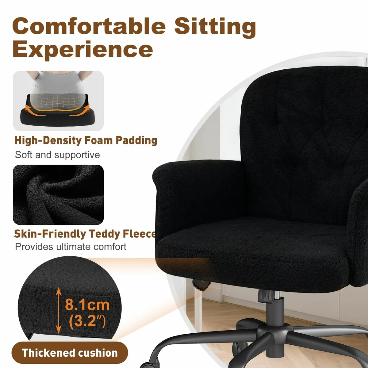 Home Office Desk Chair, Comfy Upholstered Black - Image 3