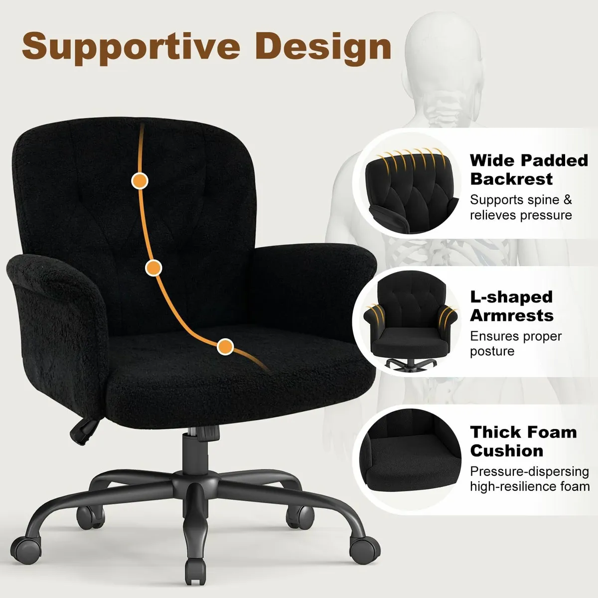 Home Office Desk Chair, Comfy Upholstered Black - Image 4