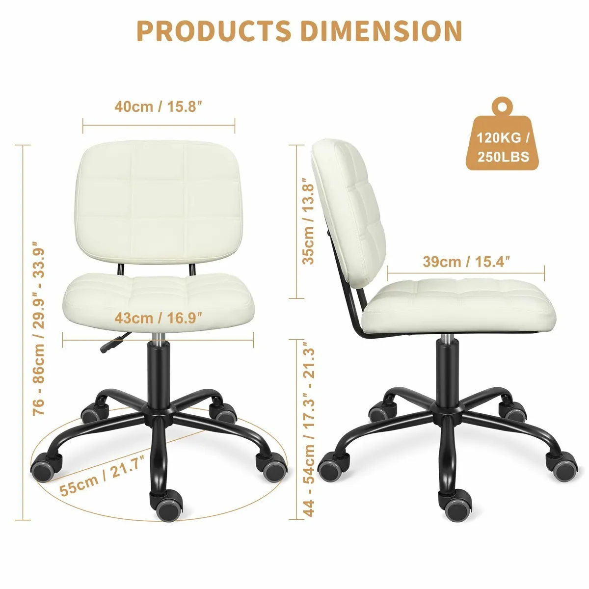 Ergonomic Armless Home Office Desk Chair White - Image 3