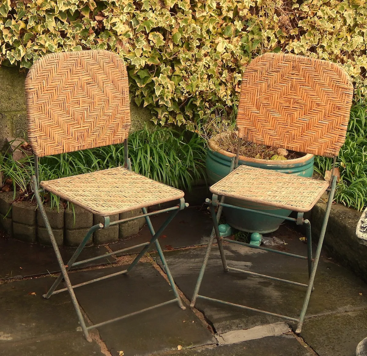 2 Vintage Garden Metal & Rattan Folding Chairs - Image 1
